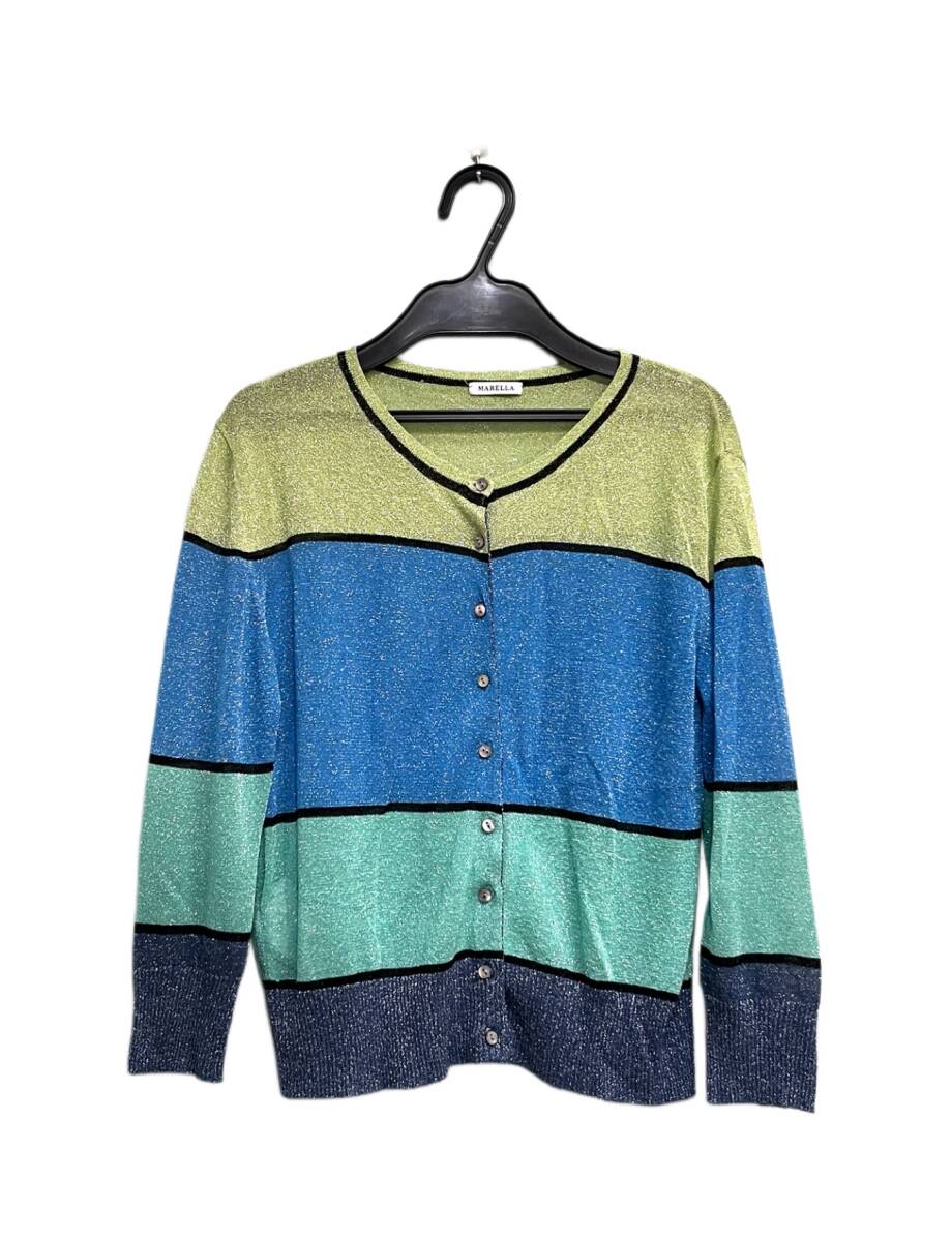 MARELLA マレーラ ラメ ニットカーディガン M ボーダー 配色 切替 トップス マケドニア
