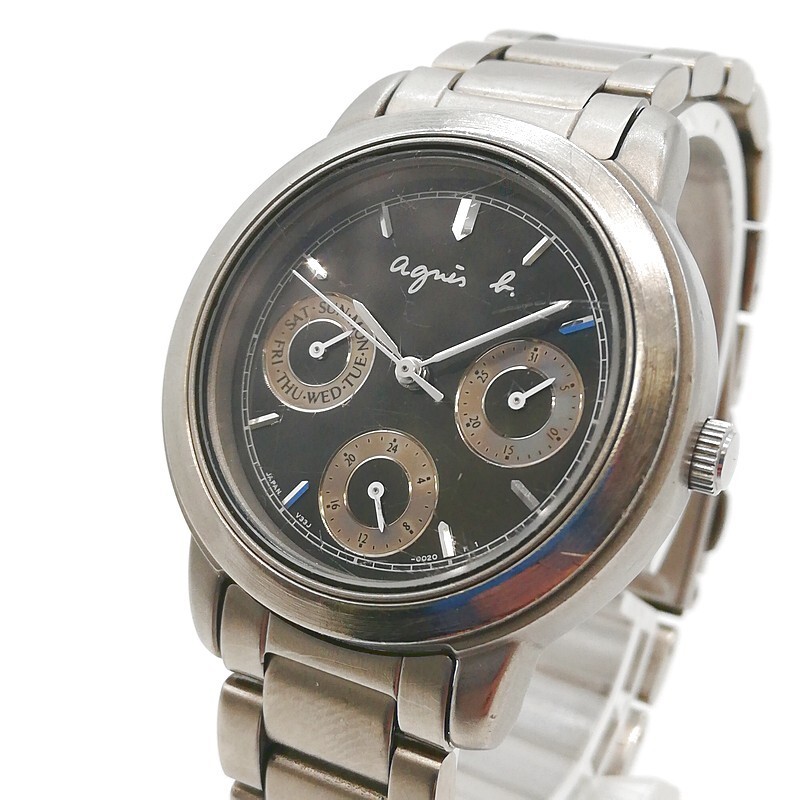 稼動品 agnes b. アニエスベー SEIKO V33J-0020 ヴィンテージ アンティーク トリプルカレンダー ブラック文字盤 レディース 55-40
