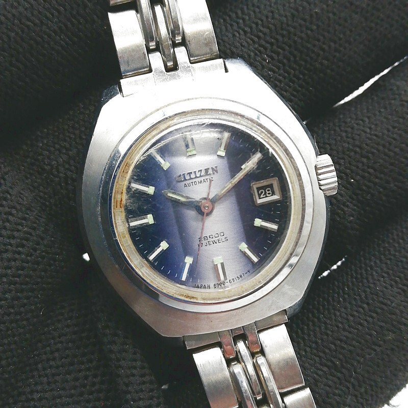 稼動品 CITIZEN シチズン 4-690826-K AUTOMATIC 自動巻き ヴィンテージ アンティーク レディース デイト ブルー文字盤 55-64