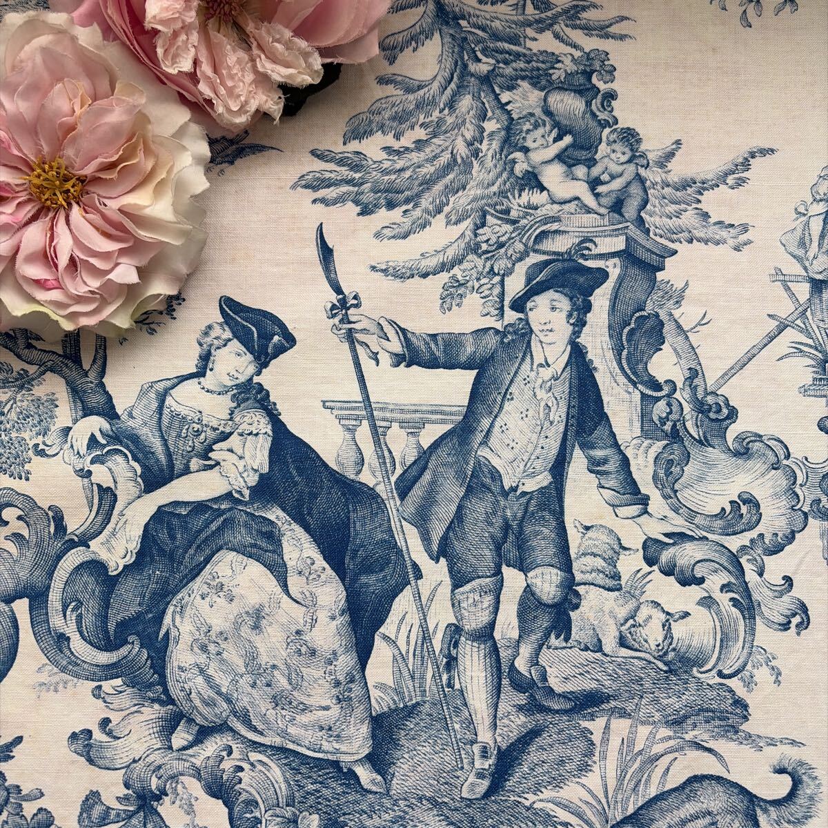 フランスアンティーク 豪華！toile de Jouy 田園貴族の暮らし生地！　ブルー　ロココ　古布　ファブリック　ドール　ハンドメイド　希少