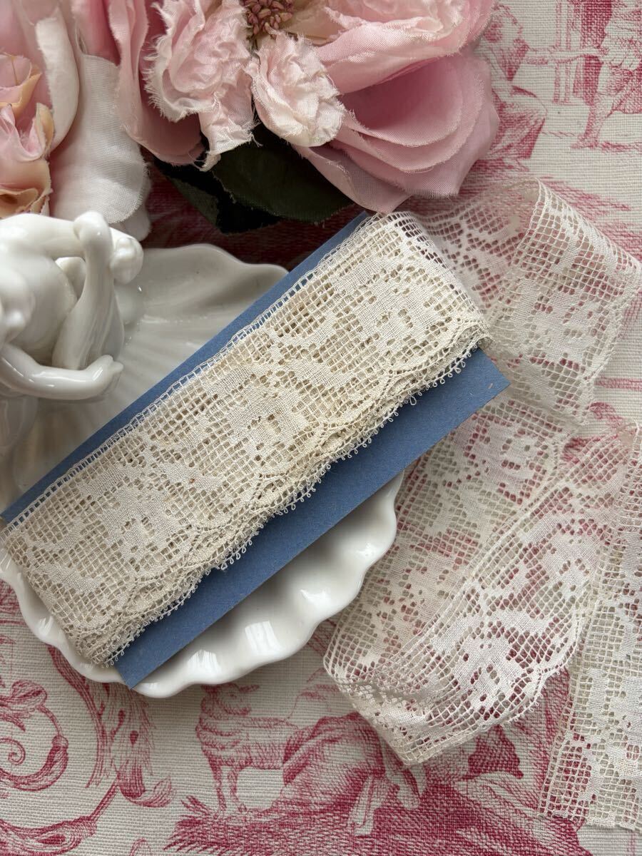 フランスアンティーク 豪華！美しいフィレ系刺繍レース！花柄　3.2cmx350cm 未使用　スカラップ　ハンドメイド　素材　ドール　