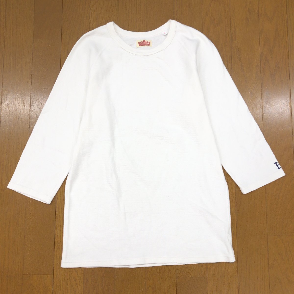 HR MARKET ハリウッドランチマーケット H刺繍 ストレッチフライス Tシャツ 3(L) 白 七分袖 ハリラン HRM アメカジ 古着 日本製 レディース