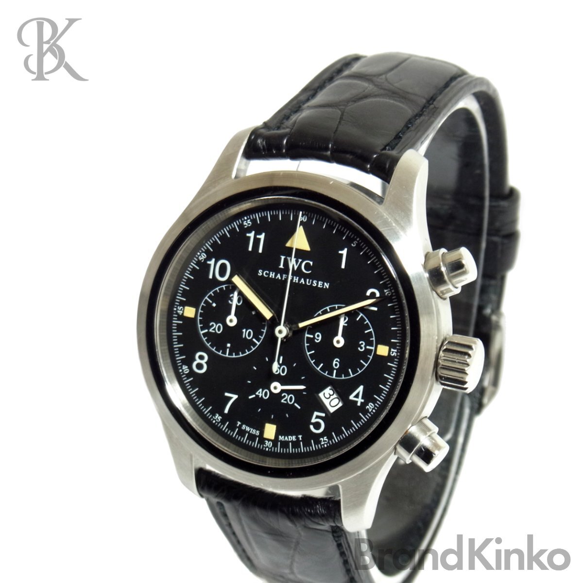 IWC フリーガークロノグラフ 374101 メンズ クォーツ 黒文字盤 純正バンド 尾錠付き 動作品 付属品 ◆
