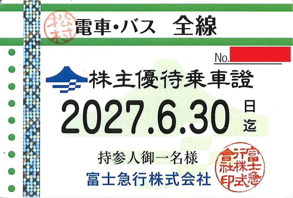 富士急　富士急行株主優待乗車証定期型　電車・バス全線　2027/6/30まで