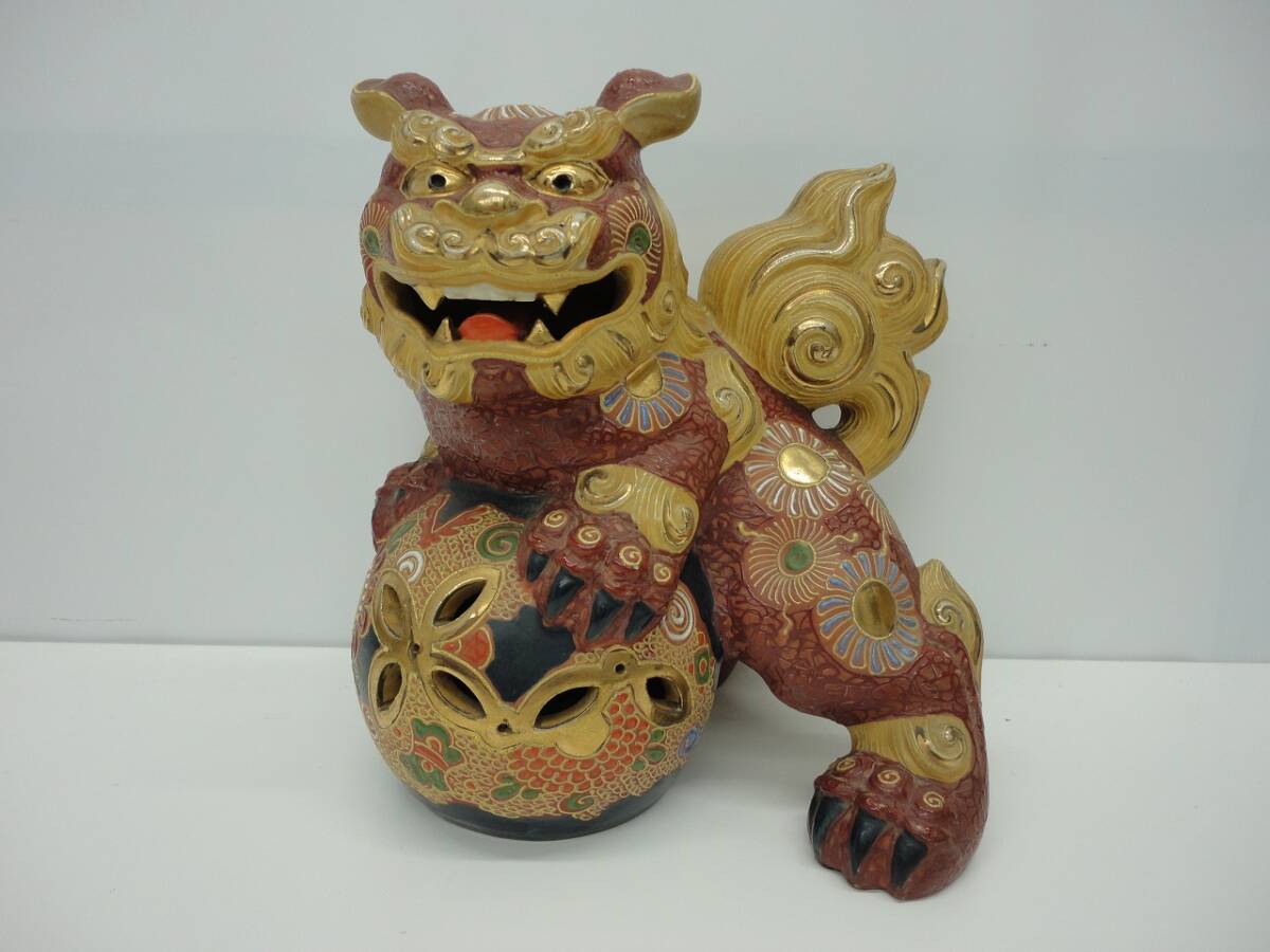 骨董祭 工芸品祭 九谷焼 玉乗り獅子 陶器 縁起物 置物 高さ約20cm 自宅長期保管品