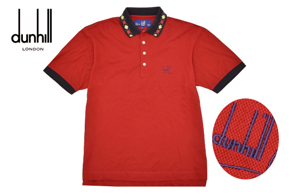 E-0807★送料無料★dunhill GOLF ダンヒル ゴルフ★イタリア製 上質コットン 胸ロゴ刺繍 赤 襟アーガイル柄 鹿の子 半袖 ポロシャツ Ｌ