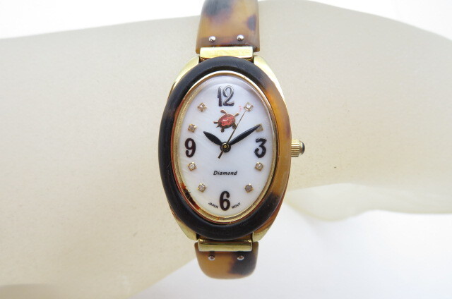1円～【動品】TORTOISEJEWELRY トータスジュエリー 8P ダイヤモンド レディース バングルウォッチ ホワイトシェル文字盤　7-7-2