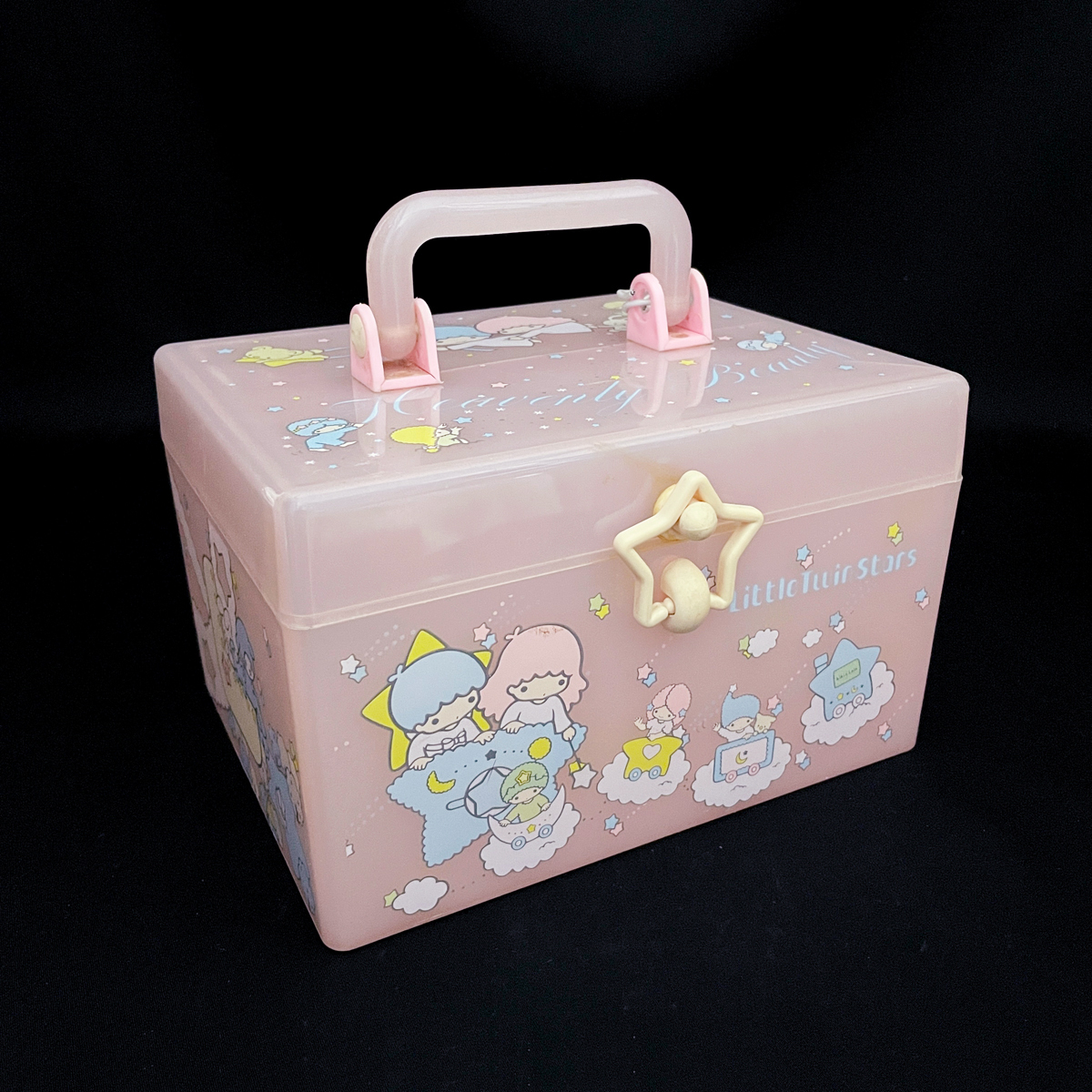当時物！リトルツインスターズ「キキ＆ララ」の取っ手付きBOX /昭和レトロ/ピンク/プラスチック/ボックス/小物入れ/サンリオ　