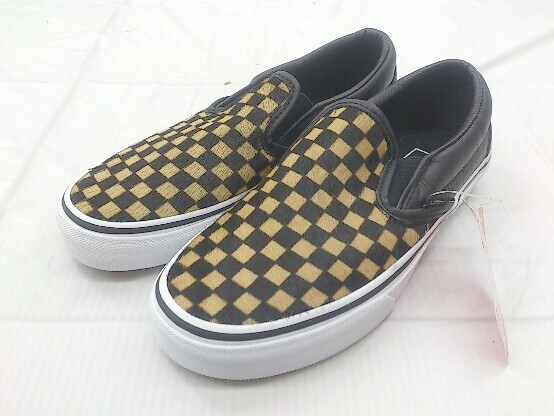 ◇ ◎ ●美品● VANS ヴァンズ タグ付き チェック スリッポン シューズ サイズ 23cm ブラック ベージュ レディース P