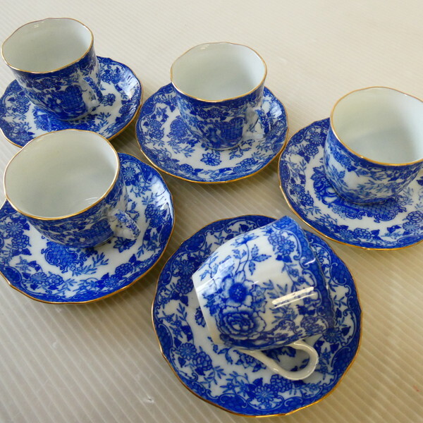 ●●佐前⑦112 Blue cathay kinnsai 金彩 カップ＆ソーサ― ５客セットアンティーク レトロ 