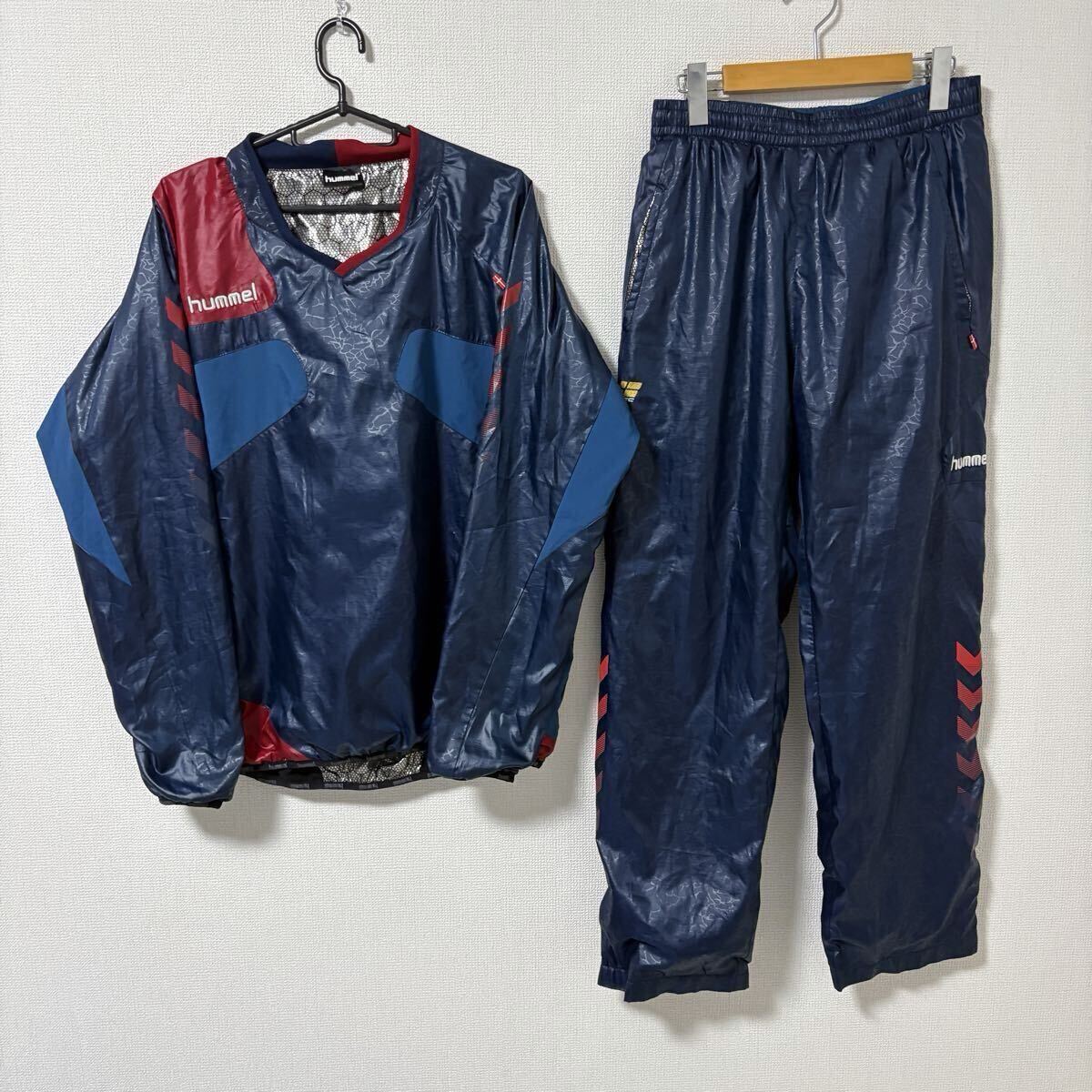【美品】hummel 裏地有　ウインドブレーカー 上下セット ネイビー スポーツウェア サッカー フットサル ピステ　トレーニングウェア