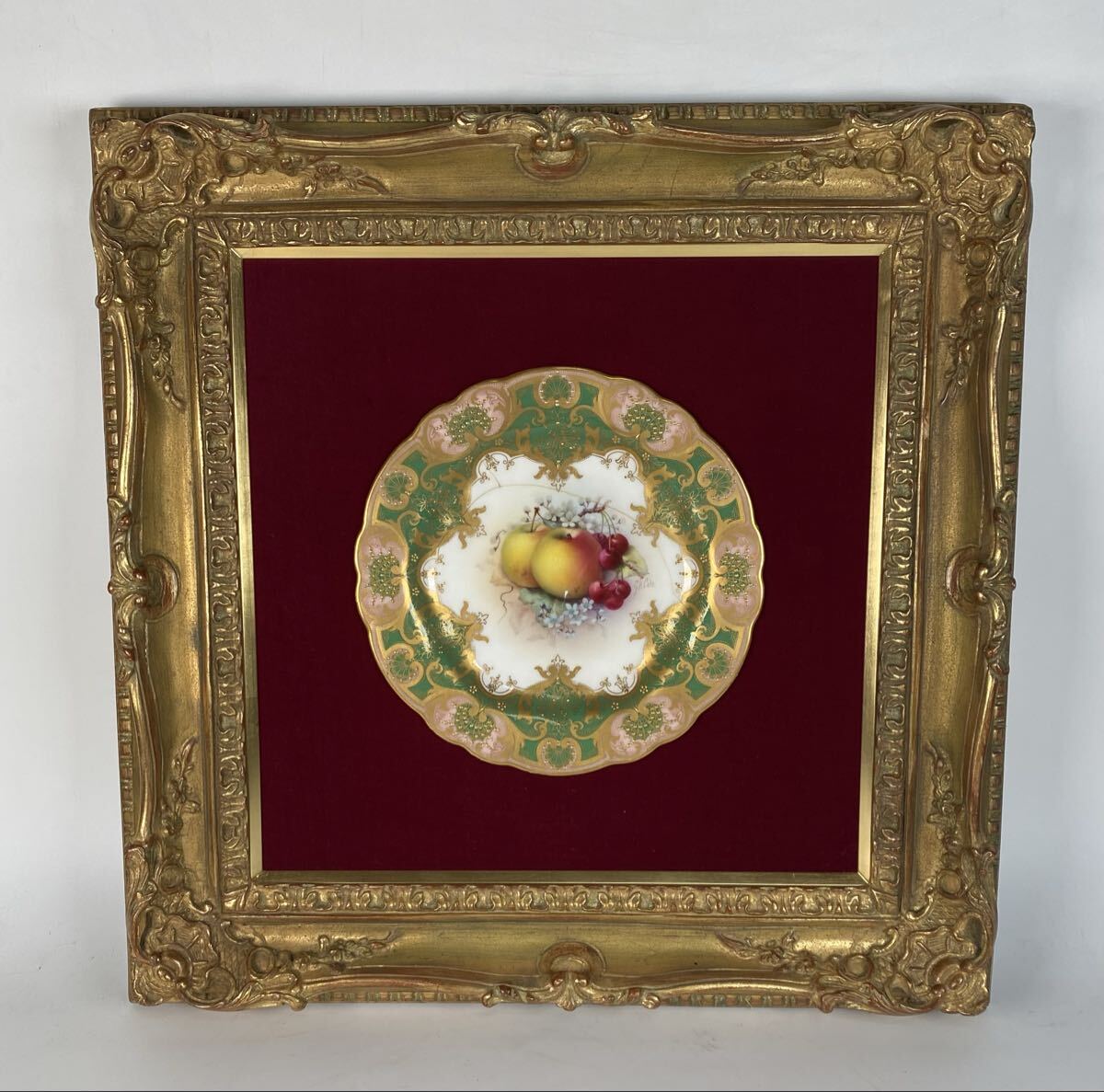 西洋美術 Royal Worcester ロイヤルウースター 金彩 手描き 果実 飾皿 額皿 細密絵付 額縁 額装 プレート 皿 時代 資産家整理品【64】