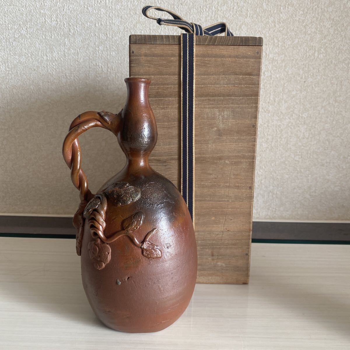 珍品　江戸時代末期　古備前　桂又三郎　書付　蔓付瓢徳利　花瓶　花器　花入　酒器　茶道具　識箱　時代　備前焼　古美術品　骨董品【78】