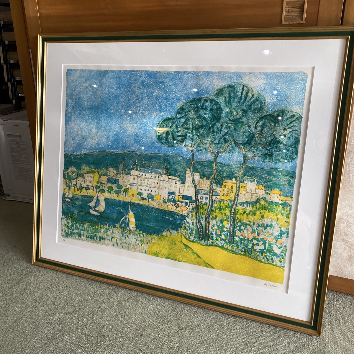 真作保証　カンヌの眺め　ポール・アイズピリ　リトグラフ　絵画　大型作品　絵　風景画　額装　骨董品　古美術品【728】