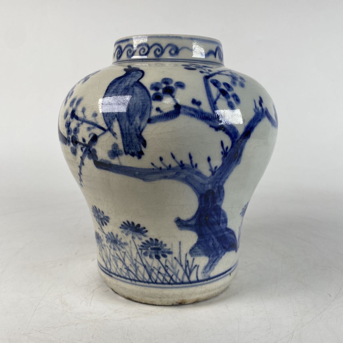 中国古美術 染付 花鳥 花瓶 時代 唐物 骨董品 古美術品 青花 中国古玩 李朝 朝鮮古美術 高さ18cm 横16cm【730】