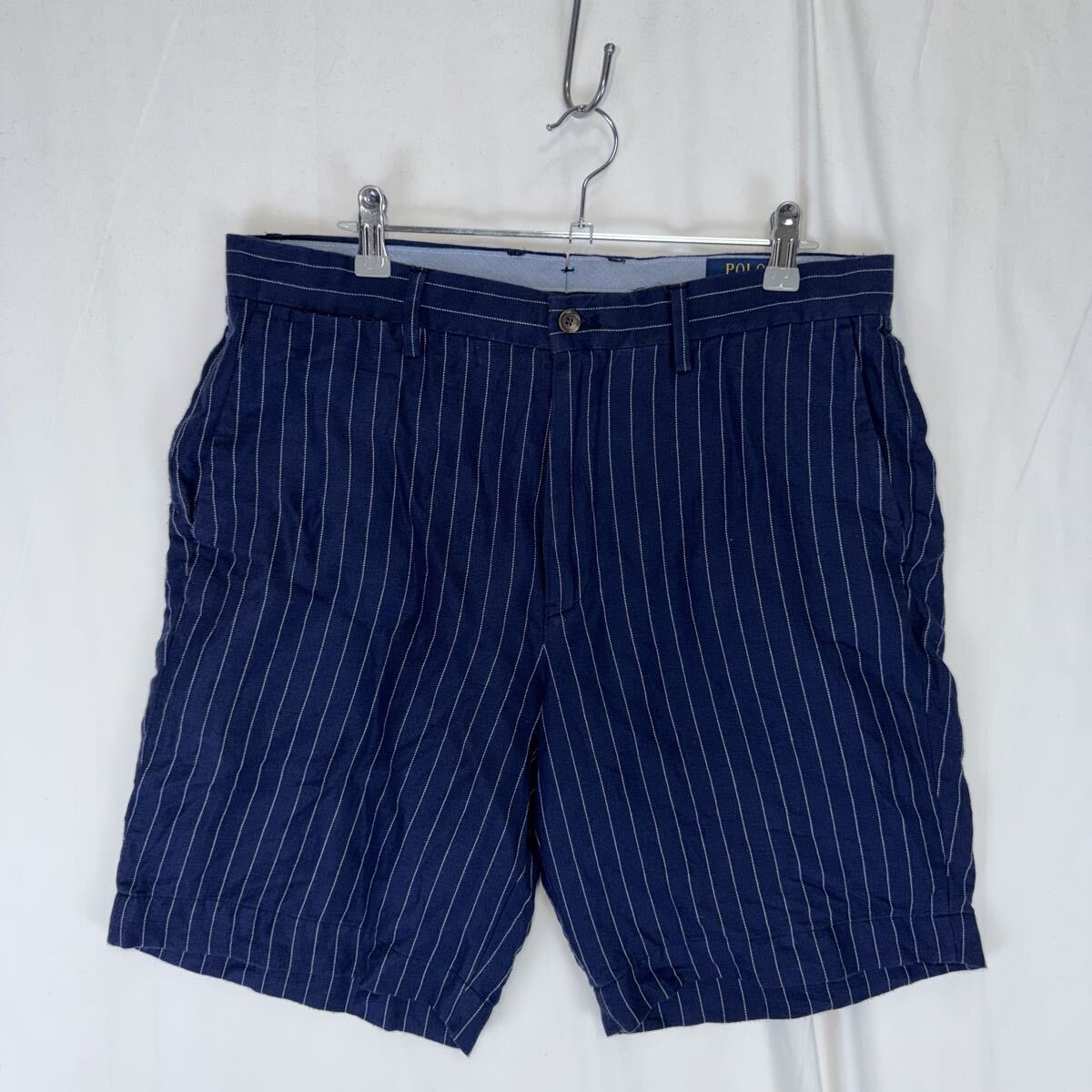 美品 POLO RALPH LAUREN classic fit ポロチノ ショーツ ハーフパンツ ショートパンツ ラルフローレン ストライプ 32 リネン 現行 紺色 麻