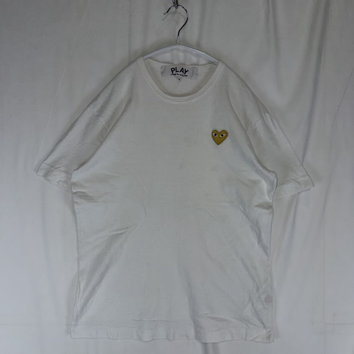 美品 PLAY COMME des GARCONS プレイコムデギャルソン スモール ハート ロゴ 半袖 Tシャツ ホワイト ゴールド 白 金 AD2023 M 日本製
