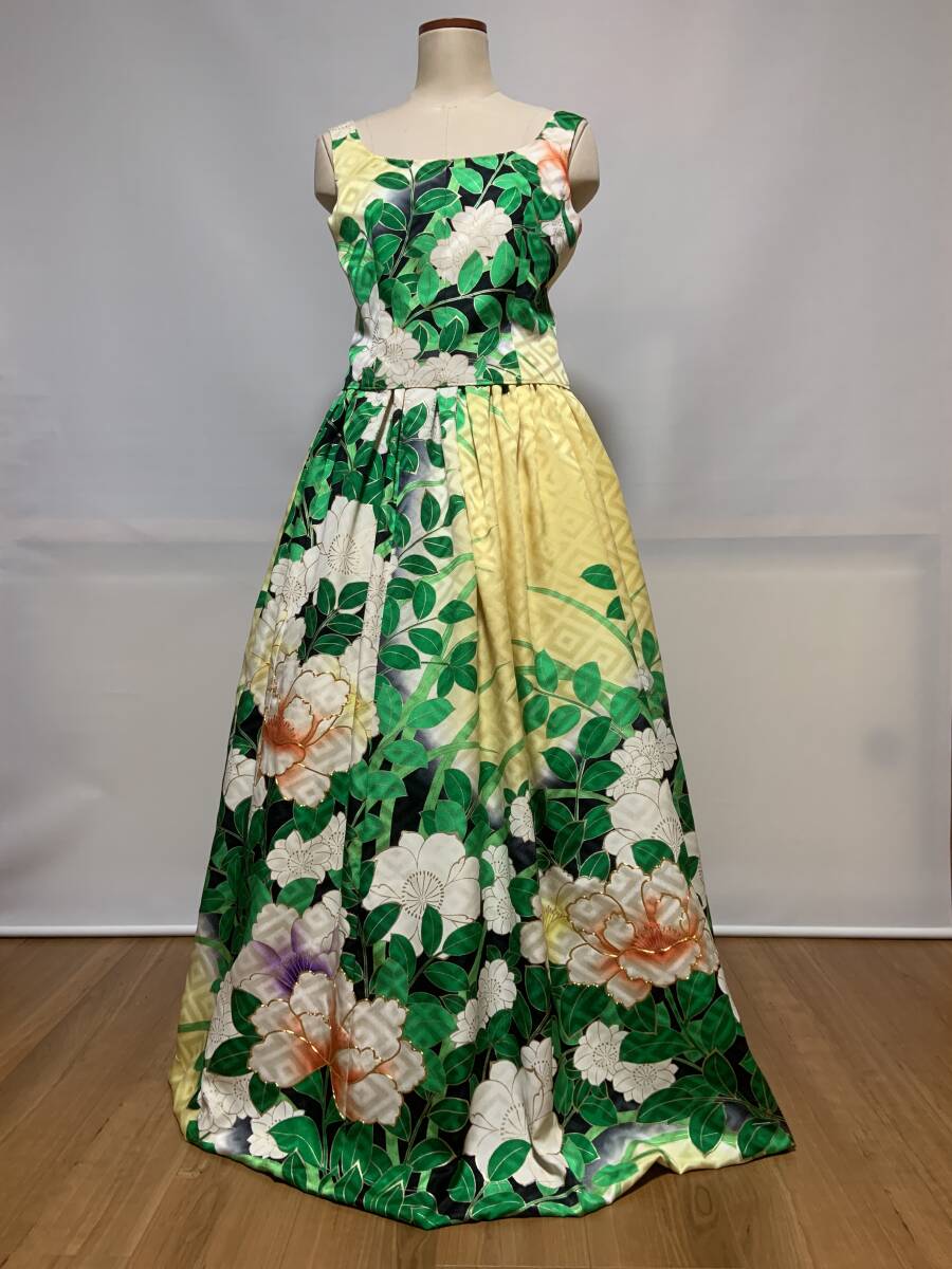 着物リメイク　キャミソールとロングスカート　駒刺繍　金彩　暈し　振袖　発表会　コンサート　結婚式　11号　 X056