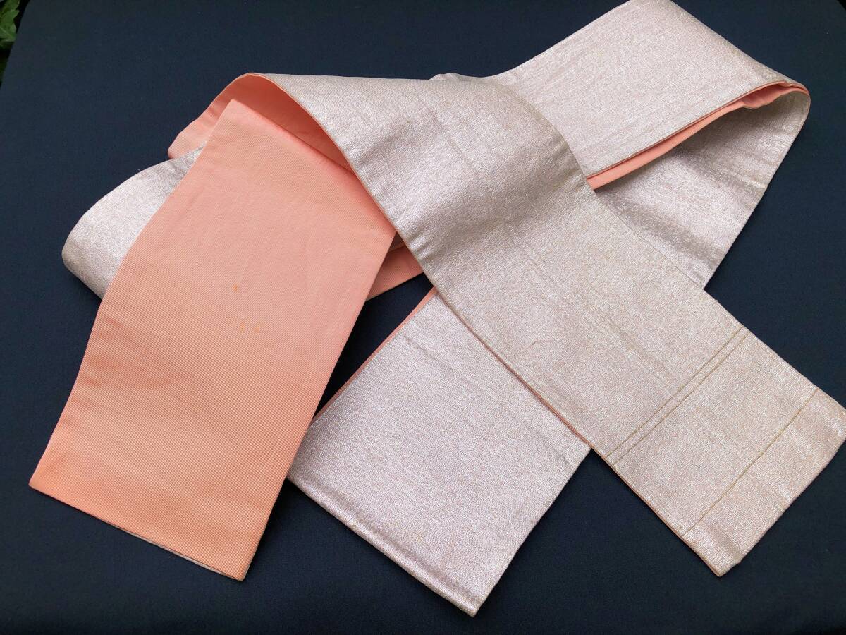 半幅帯　和服　着物に　シルバー＆サーモンピンク　リバーシブル　踊りに　浴衣に　送料230円
