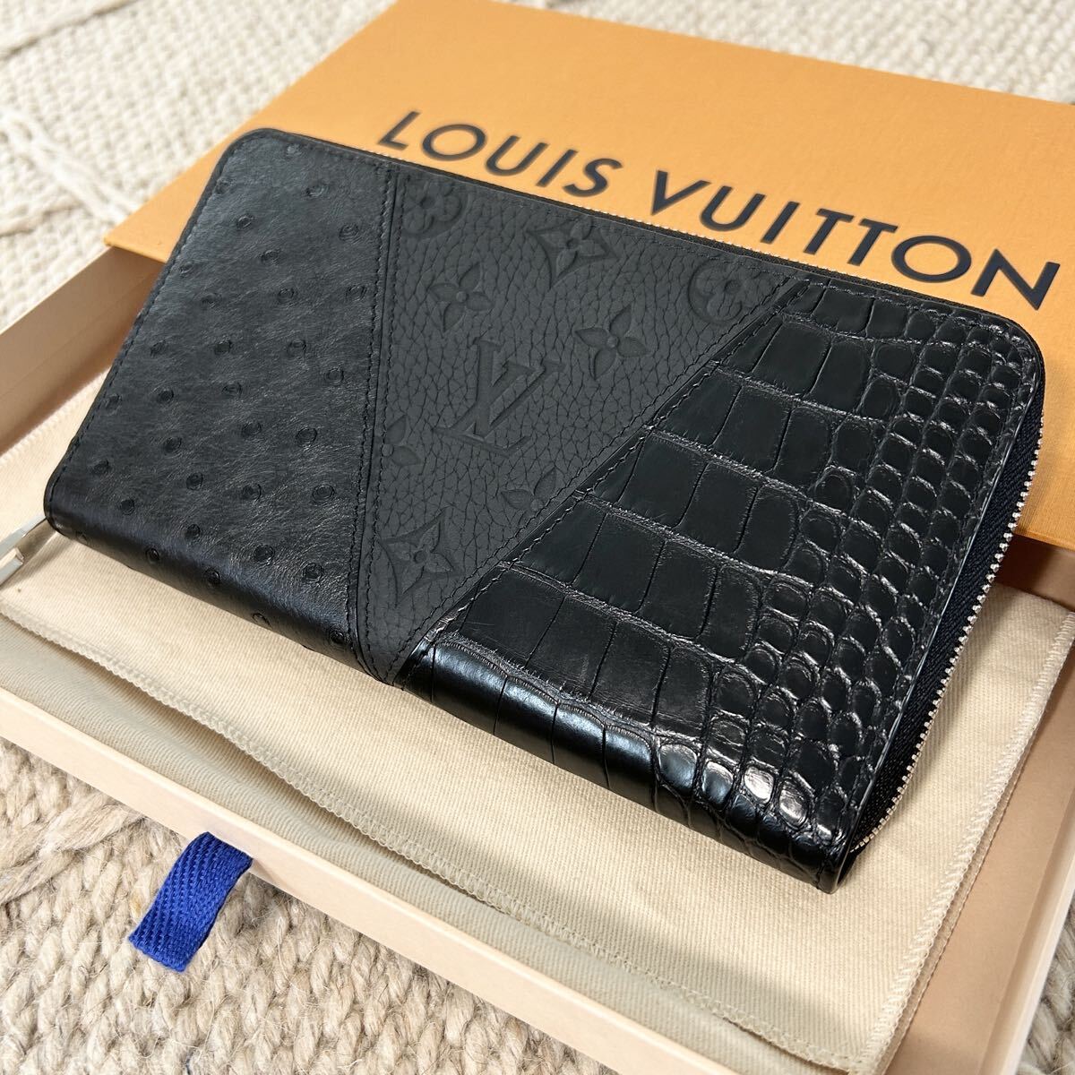 超希少 LOUIS VUITTON ルイヴィトン クロコ オーストリッチ モノグラム ジッピーウォレット ブラック 長財布