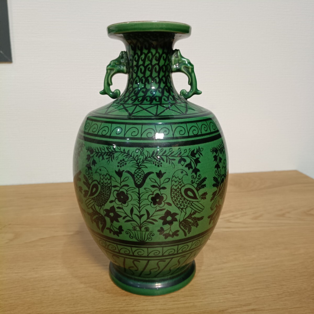 KI-7① 九谷焼 花瓶 双耳花瓶 花器 壺 鳥花文 緑彩 陶磁器 飾り壺 置物 和風 インテリア フラワーベース レトロ インテリア 花器 置物