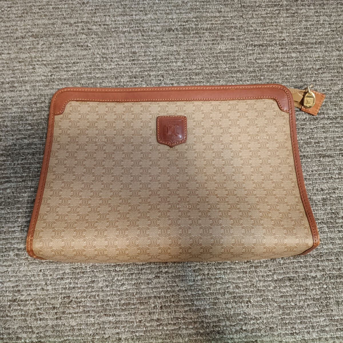 7-41 CELINE セリーヌ マカダム柄 クラッチバッグ セカンドバッグ PVC レザー ベージュ ブラウン ヴィンテージ 中古 現状品