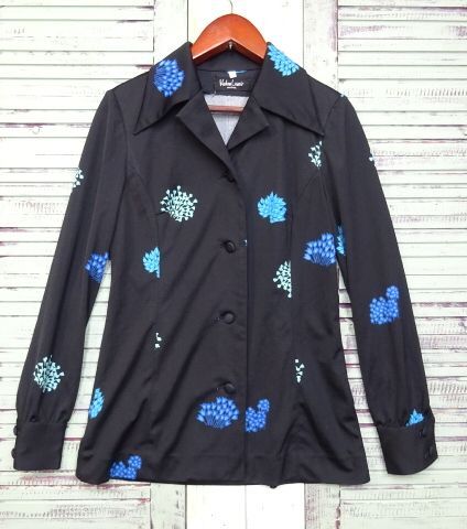 70s 昭和レトロ レディース 総柄シャツ Madam Lamair マダムラメール ブラウス ポリシャツ 黒 レトロシャツ ビンテージ 60年代70年代