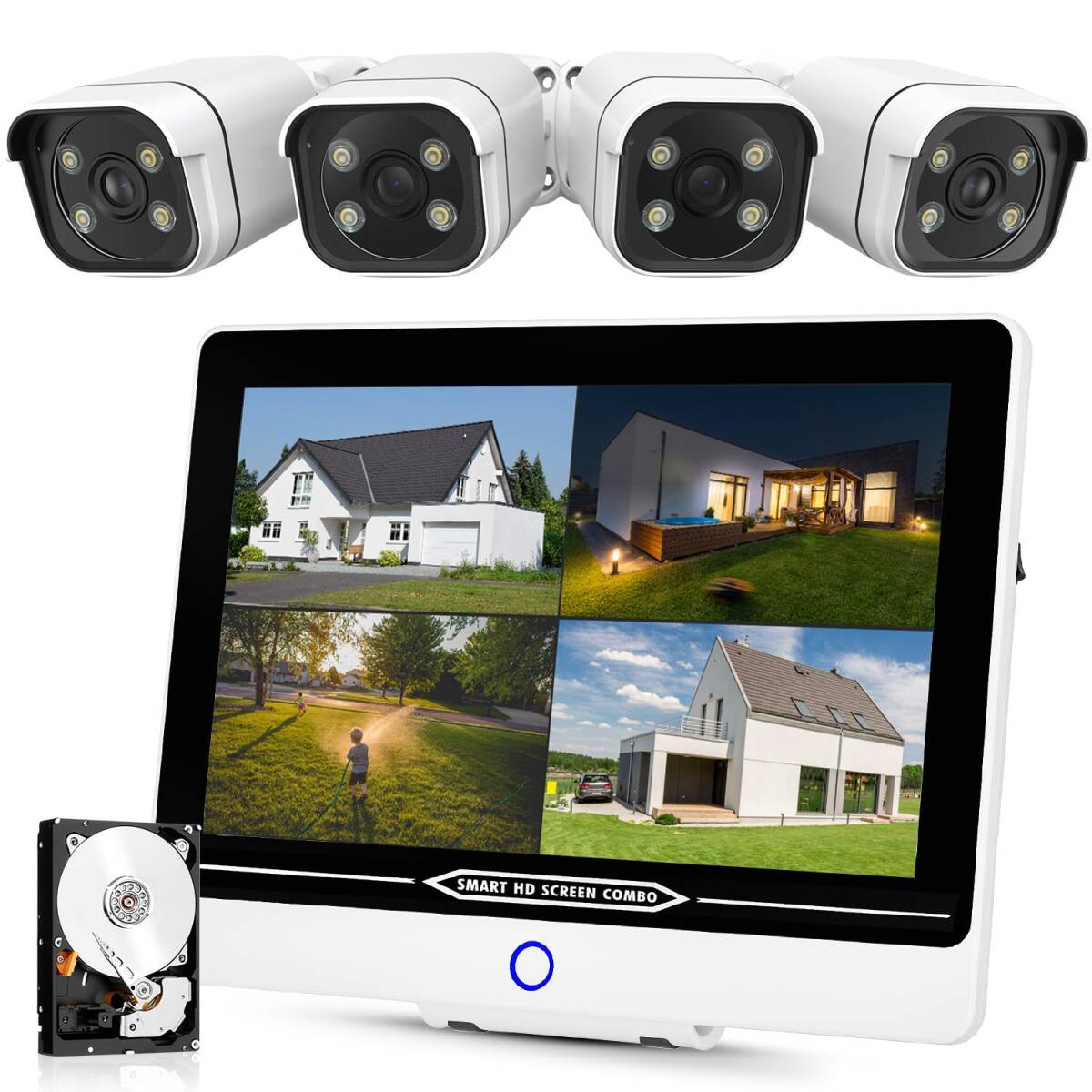【最新800万画素】 防犯カメラ 屋外 POE給電 4K 金属製 12型防犯モニター AI人物検知 防犯灯発光 フルカラー暗視撮影