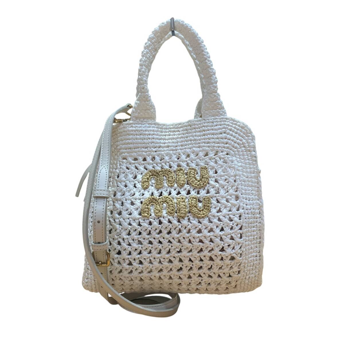 送料無料 美品 miumiu 5BA283 クロシェ ラフィア 2WAY ハンドバッグ ショルダーバッグ BIANCO NATURALE 白 現行 ミュウミュウ