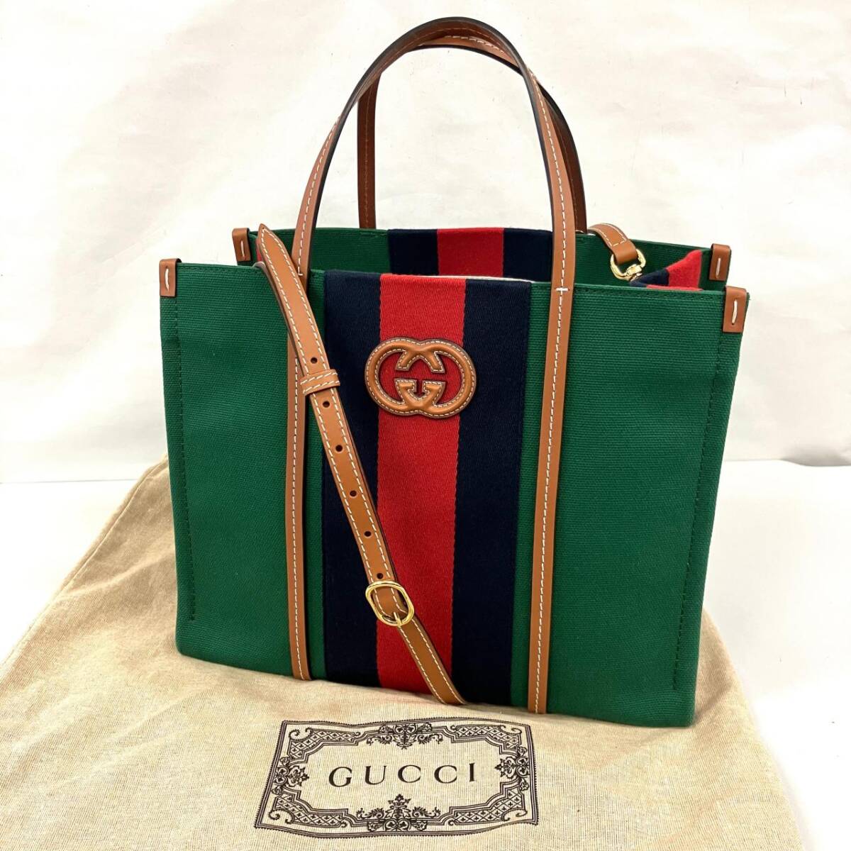 美品 GUCCI グッチ インターロッキングG キャンバス×レザー 2way トートバッグ ショルダーバッグ マルチカラー 727721