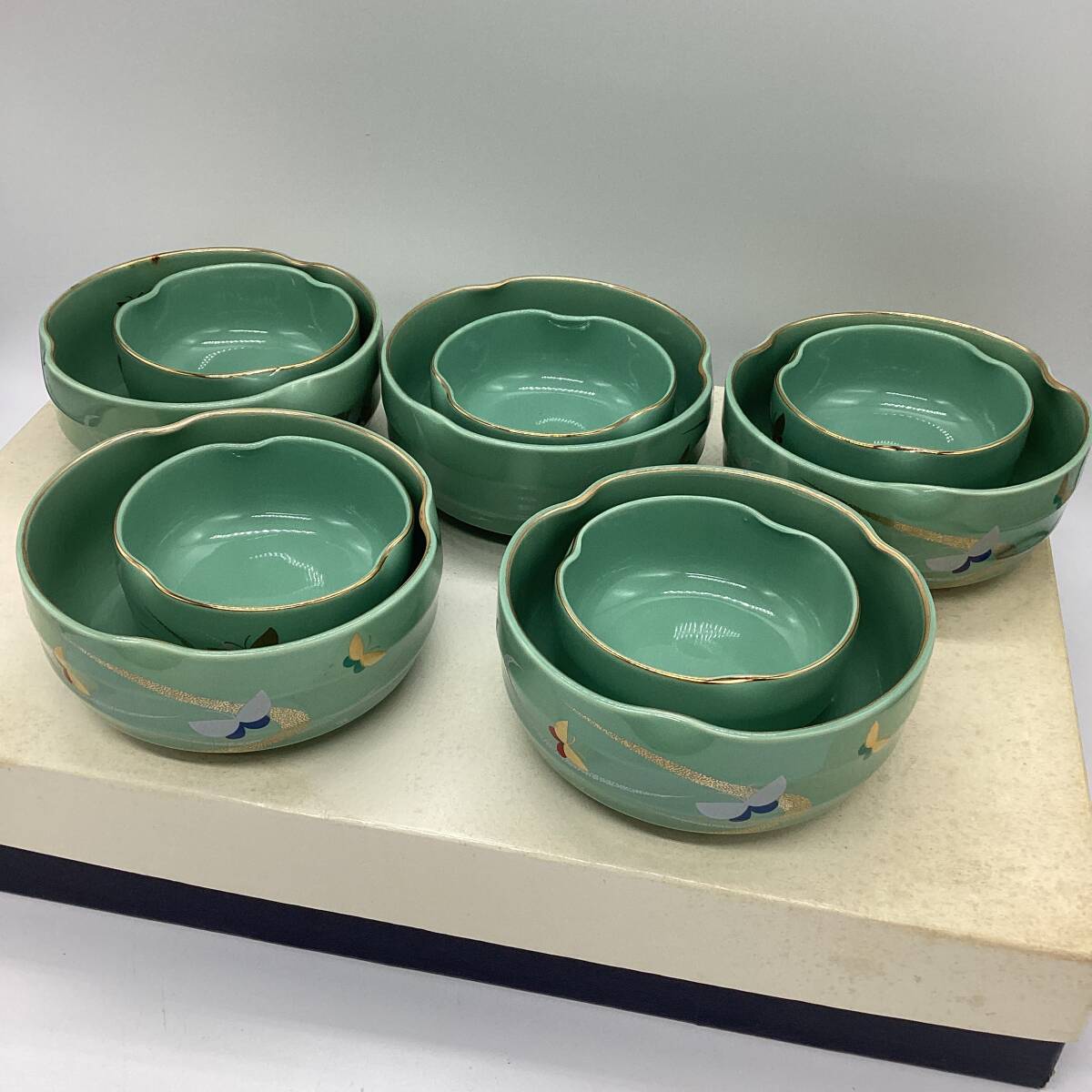3142■　milky way ヒスイ銀河蝶 親子鉢セット 小鉢5+ミニ小鉢5 計10点セット 和食器 椀 緑