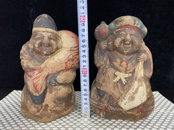 mu★恵比寿様 大黒様 古い土人形? 貯金箱 置物 民芸品 縁起物 商売繁盛 高さ約22cm 2体で1.7kg 中古 現状品★