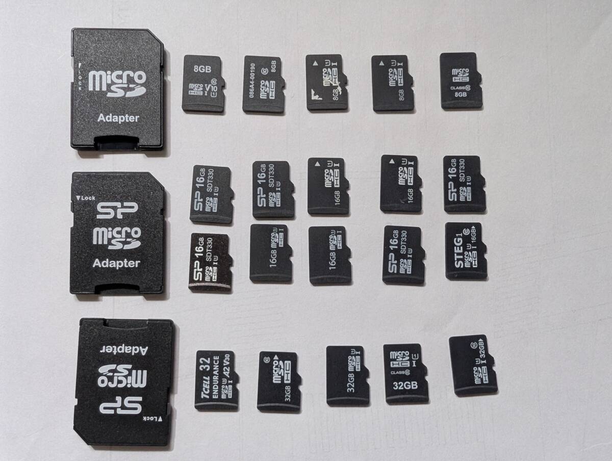 マイクロSDカード 8GB 5枚・16GB 10枚・32GB ５枚 中古品 フォーマット済 アダプター3個付