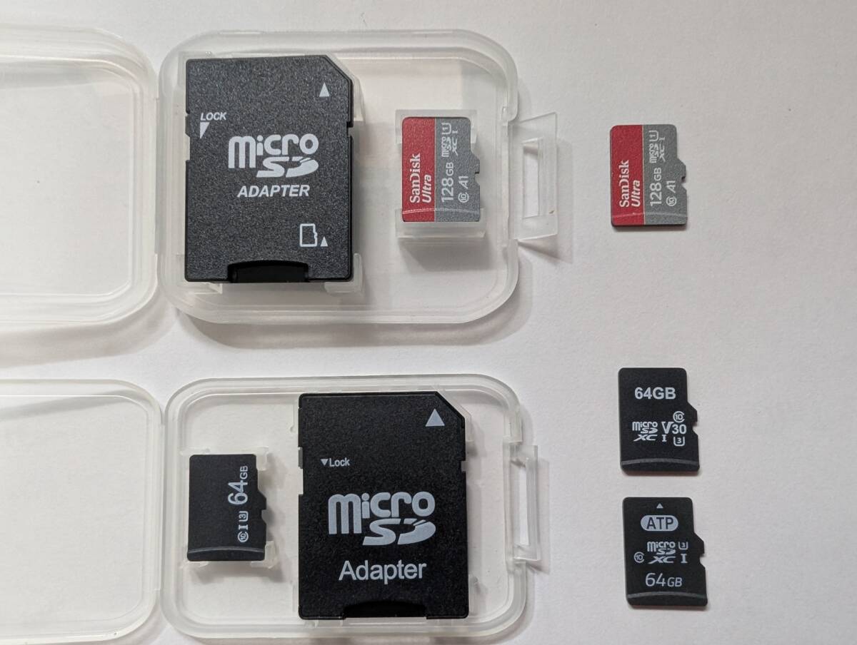 マイクロSDカード 中古品 128GB 2枚 ・64GB ３枚 フォーマット済み アダプター2個付