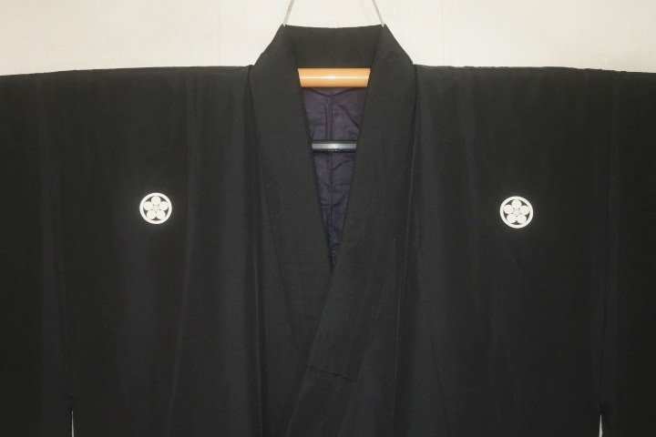 弐11759 本絹羽二重 男黒紋付着物 裄64丈133КΚ丸に加賀梅鉢