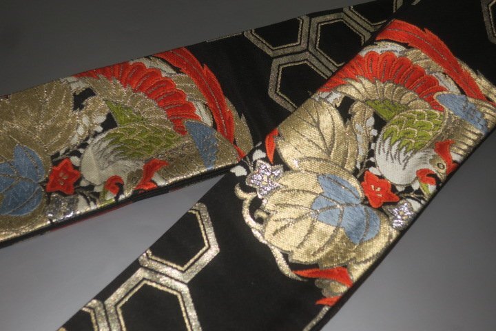 弐11779RM 男角帯 本絹西陣織 К黒地金襴 桐鳳凰の丸 新品 豪華な織 別誂え