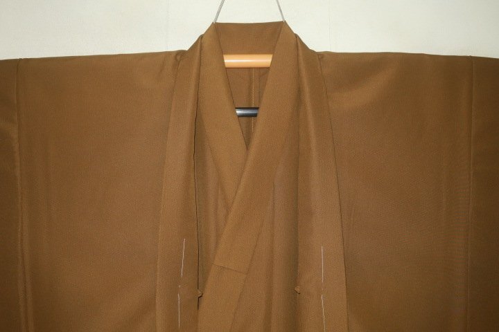 拾11791RM シルク化繊丹後縮緬調 男着物羽織 裄78丈150К黄櫨染・色無地 洗えるお召調 新品 茶人好み 単衣仕立て