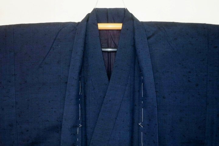 お買い得セール 弐11802 信州松本山繭天蚕紬 男着物羽織 裄70丈142К草木濁り藍黒粗細 極美品 現代物 未着用 髭紬