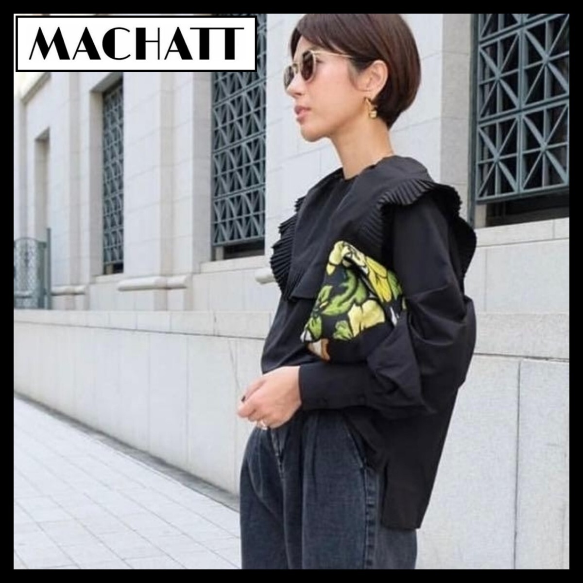 【美品】machatt マチャット プリーツオーバーカラーブラウス ブラック