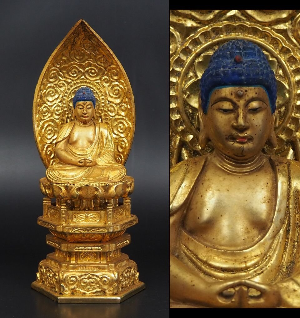 【金富士】時代物　木彫り阿弥陀如来座像　21ｃｍ　仏教美術　検f/中国古玩骨董仏像/彫刻/仏教/寺社仏閣/観音/仏陀/明王/菩薩