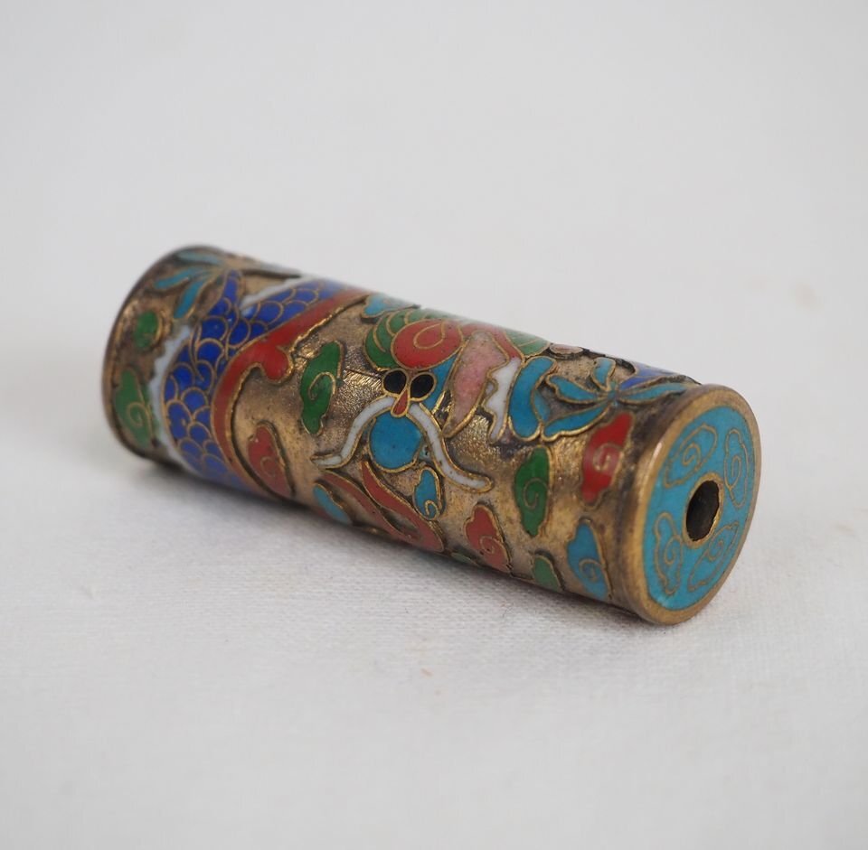【金富士】時代物　七宝龍文緒締玉　約4.1×1.5ｃｍ　検/提げ物緒締玉根付印籠翡翠珊瑚琥珀印籠煙草入煙管中国古玩骨董