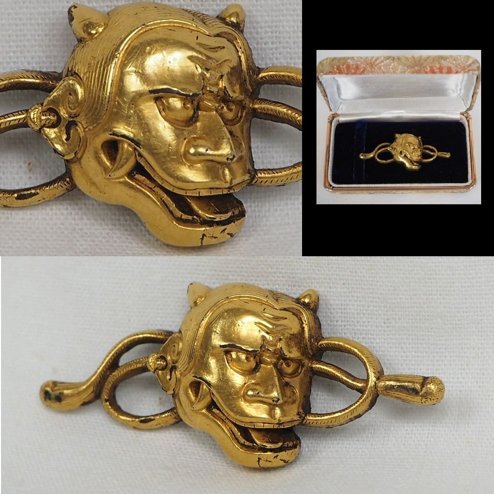 【金富士】値下げ中　江戸時代　大名刀装具　金着せ般若面目貫　箱付　★極希少★　検/刀剣美術刀装具武具刀剣 日本刀鍔目貫中国古玩骨