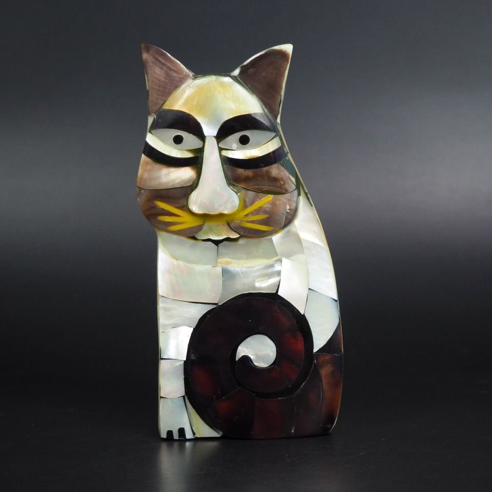 【金富士】螺鈿細工　猫置物　①検/盆栽骨董茶道具堆朱紫檀清時代民国屈輪彫堆黒剔犀古玩骨董
