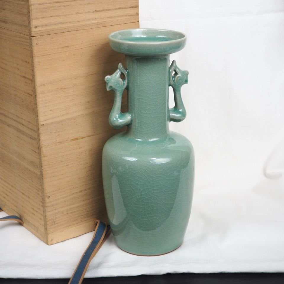【金富士】倣宋代青磁花瓶　レプリカ　作家物　木箱付　高さ25ｃｍ　検/中国美術古玩骨董