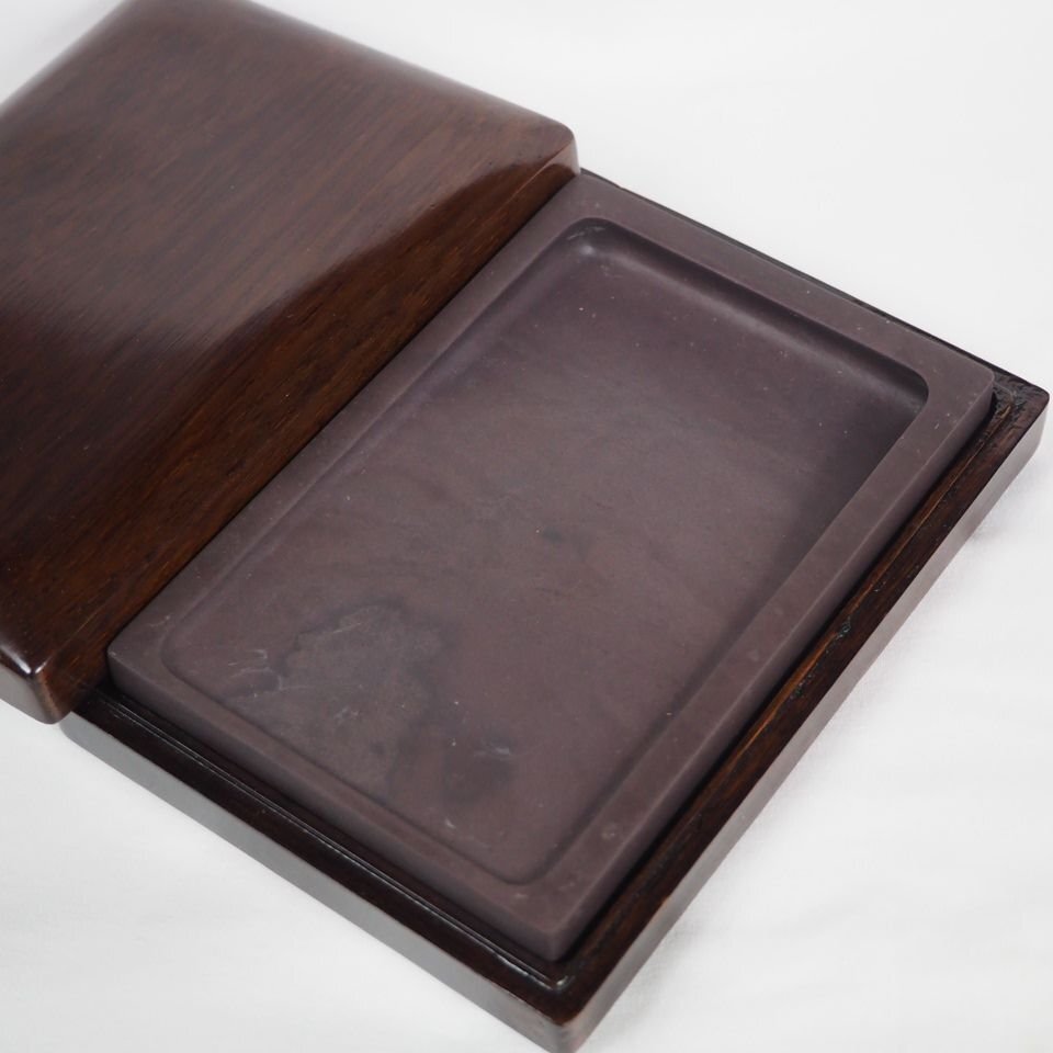【金富士】未使用端渓硯　唐木硯箱　約15×10×2ｃｍ　書道具　検/唐物中国古玩骨董墨和紙文房具硯筆三星紅