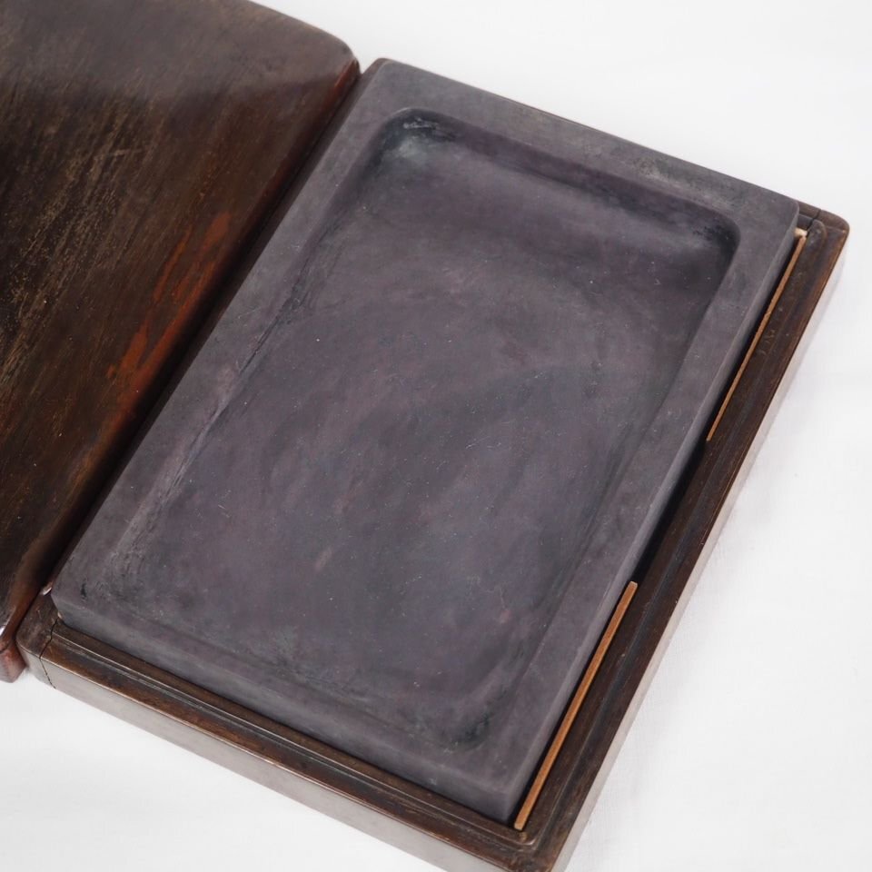 【金富士】時代物　端渓硯　唐木硯箱　約15.5×10.5×2.5ｃｍ　書道具　検/唐物中国古玩骨董墨和紙文房具硯筆三星紅