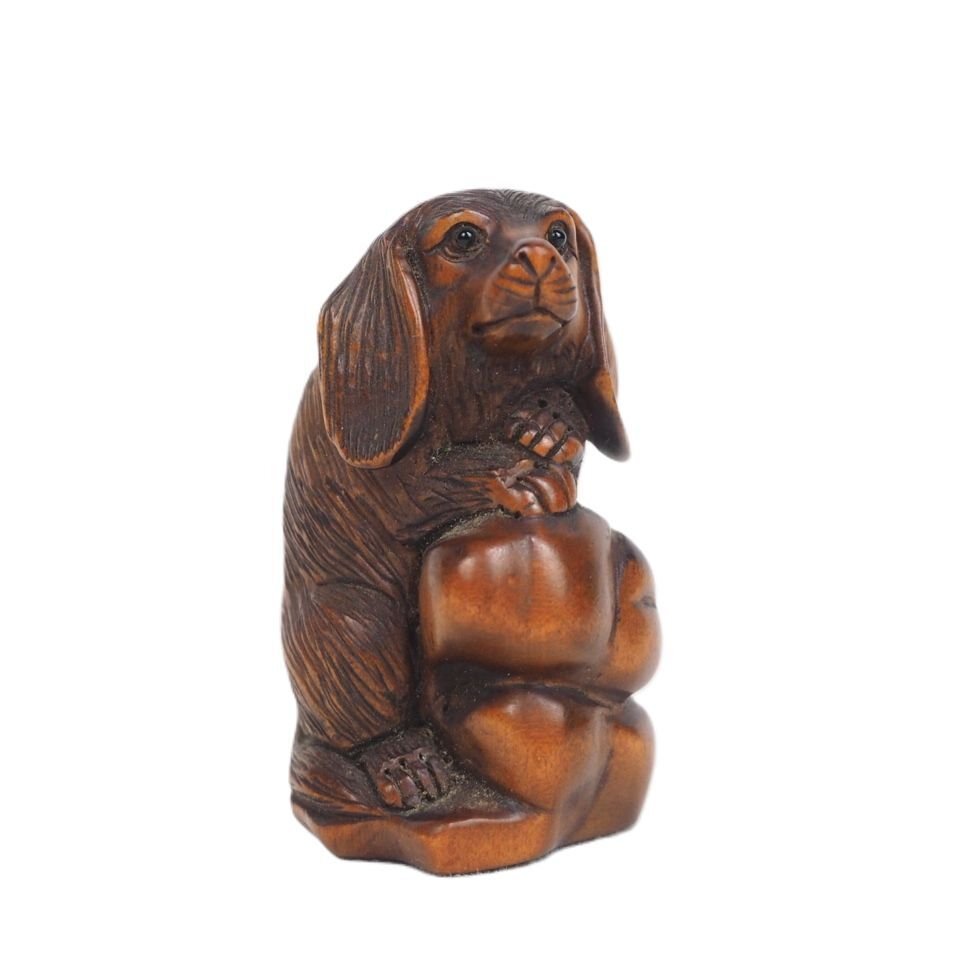 【金富士】時代物　柘植/黄楊　犬根付　検/中国古玩骨董茶道具堆朱紫檀清民国屈輪彫堆黒剔犀
