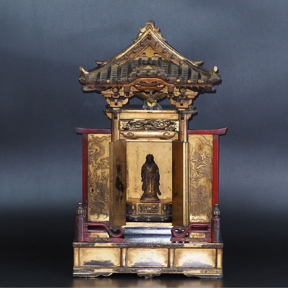 【金富士】値下げ中　江戸時代 金蒔絵舎利殿＆観音菩薩立像　高さ50ｃｍ　本物保証　★大珍品★