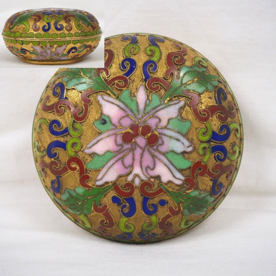 【金富士】中国美術　時代七宝香合/香盒　径8ｃｍ　茶道具華道具　検/古玩骨董茶壺古錫玉川堂高岡佐渡銅器龍文堂亀文堂