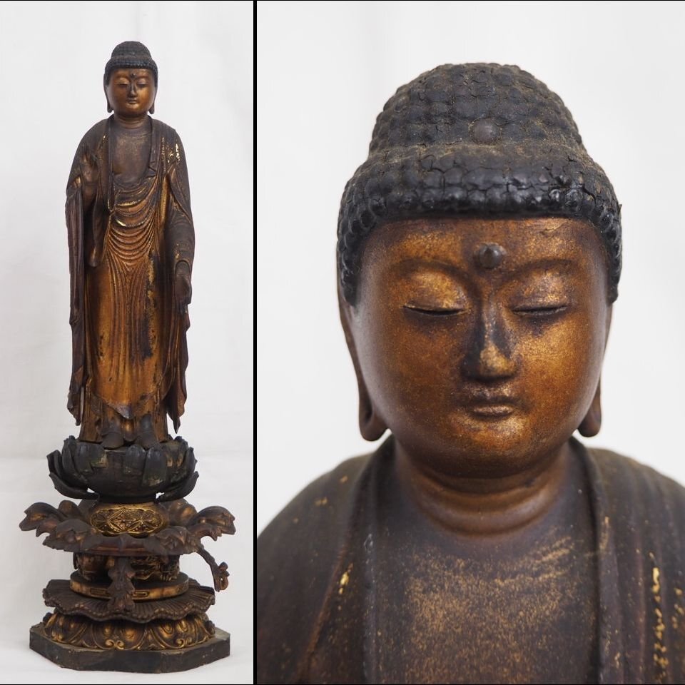 【金富士】室町～江戸時代　木彫り如来立像　高さ40.3ｃｍ　仏教美術　検/琥珀珊瑚翡翠仏像観音如来仏具